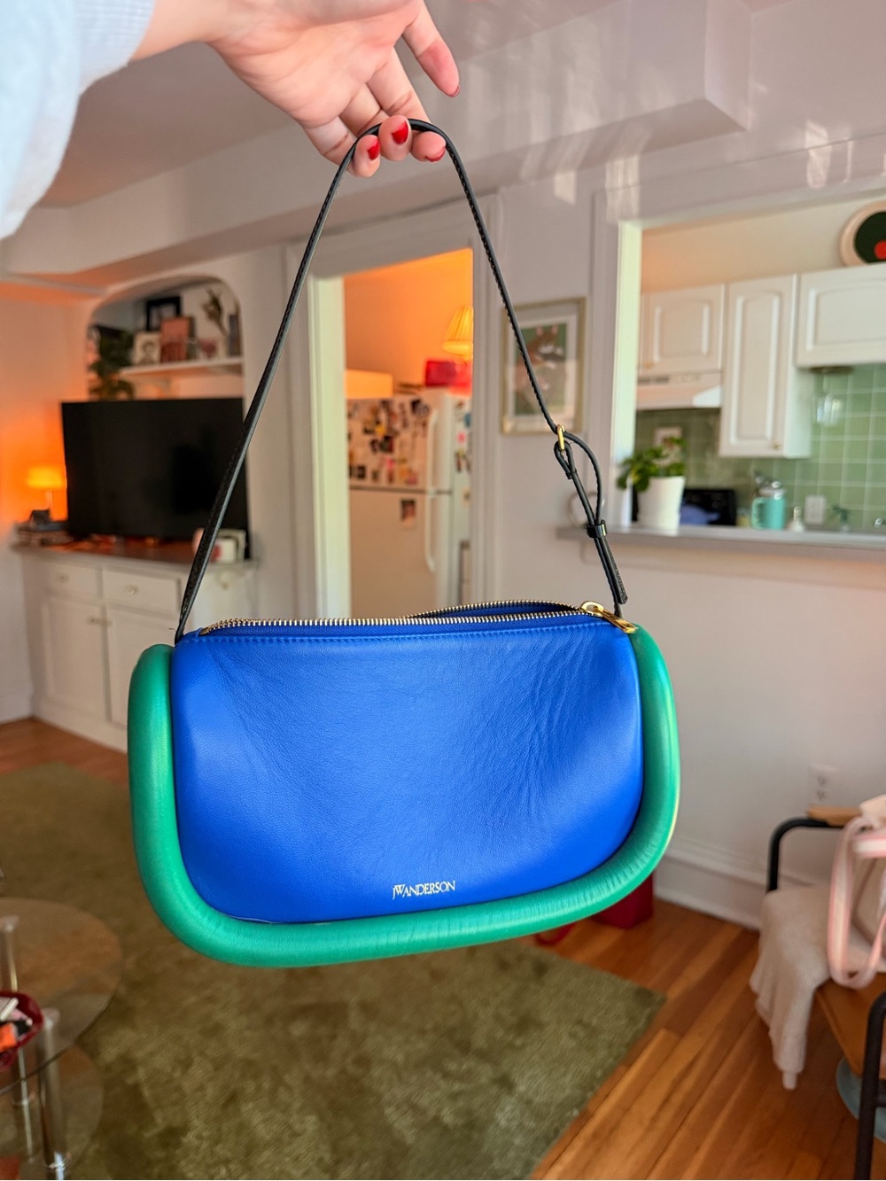 JW Anderson Blue and Green Leather Shoulder Bag with Black Strap
